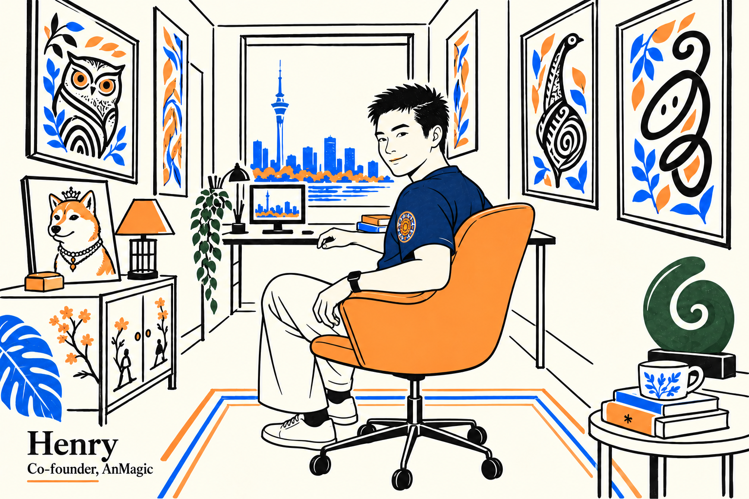 Henry Huang turning back from his desk in an orange office chair, with Sky Tower outside, portraits of the AnMagic crew and a crowned dog, and a green koru sculpture.