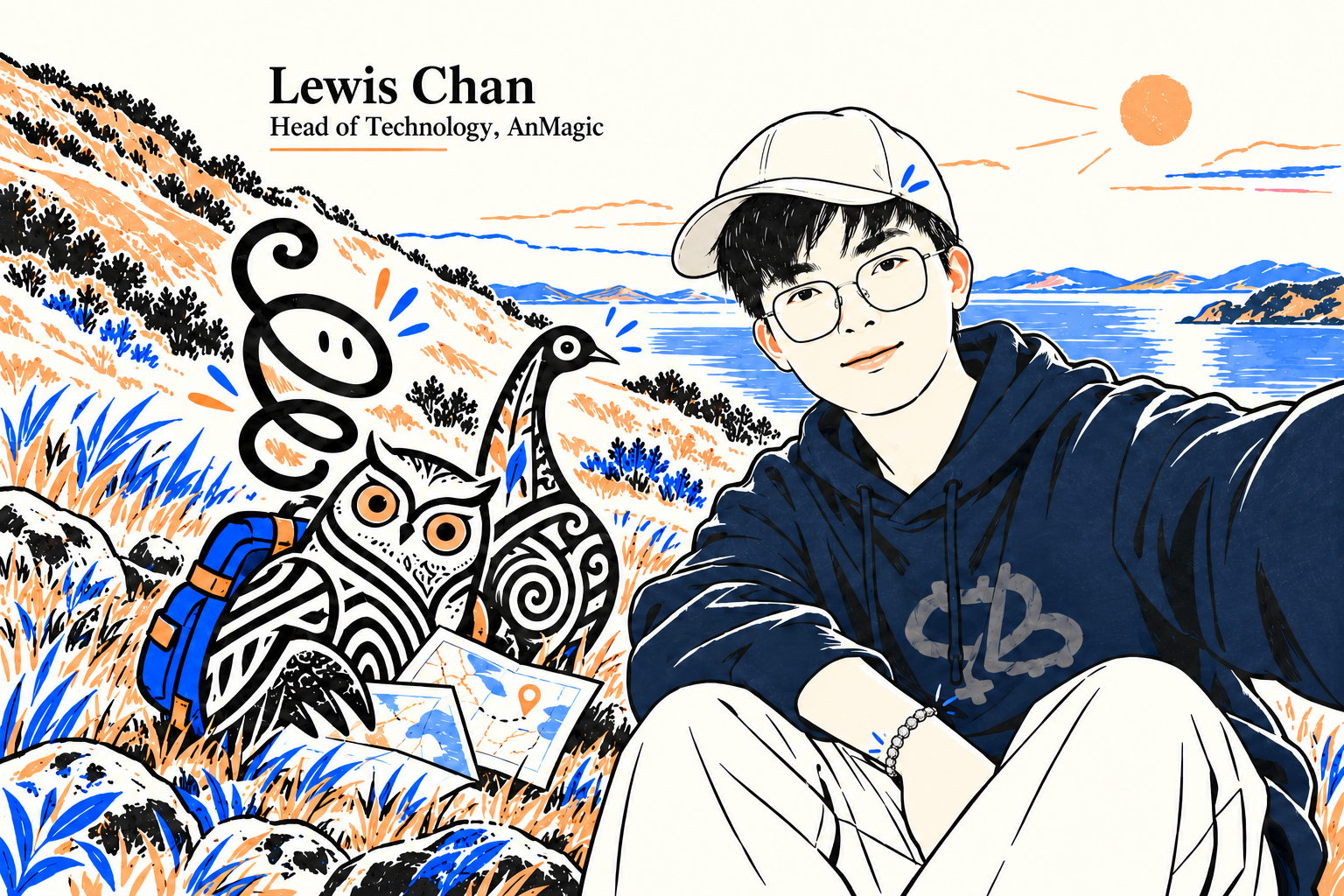 Lewis Chan in a cream baseball cap, glasses and navy hoodie, wearing a diamond tennis bracelet and taking a coastal travel selfie with Aowow, Amumu and Anana. Illustrated in AnMagic’s orange, electric blue and ink linework.